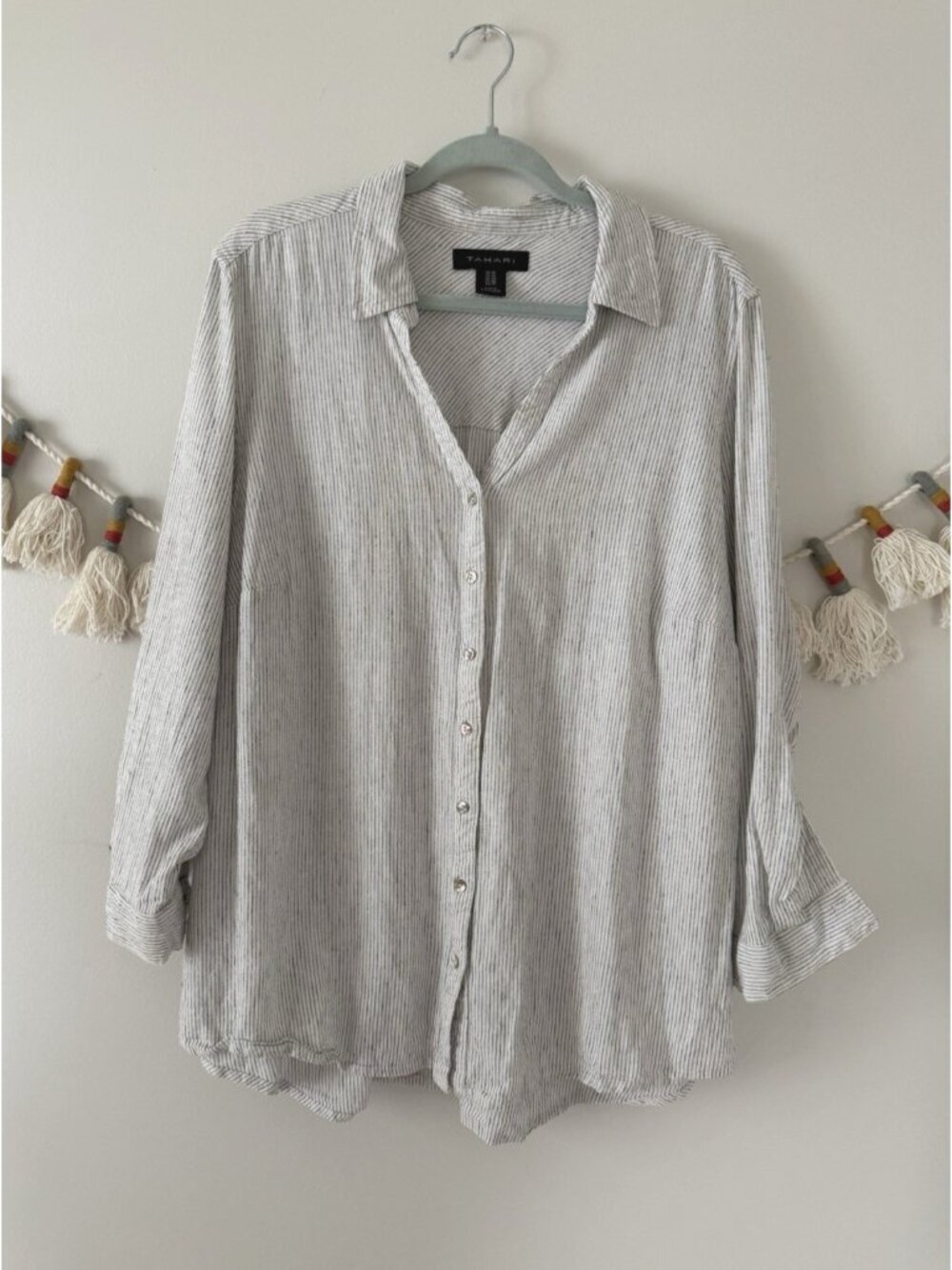 Tahari Linen Blend Pinstripe Button Up Roll Tab Sleeve Tunic Top Coastal 1x